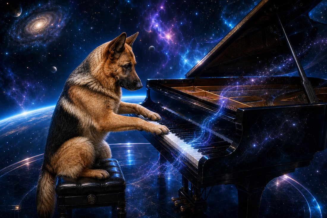 Tessa the German Shepherd at a piano